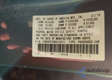 2016 Honda Accord Lx z USA, uszkodzony, nr VIN 1HGCR2F3XGA120071